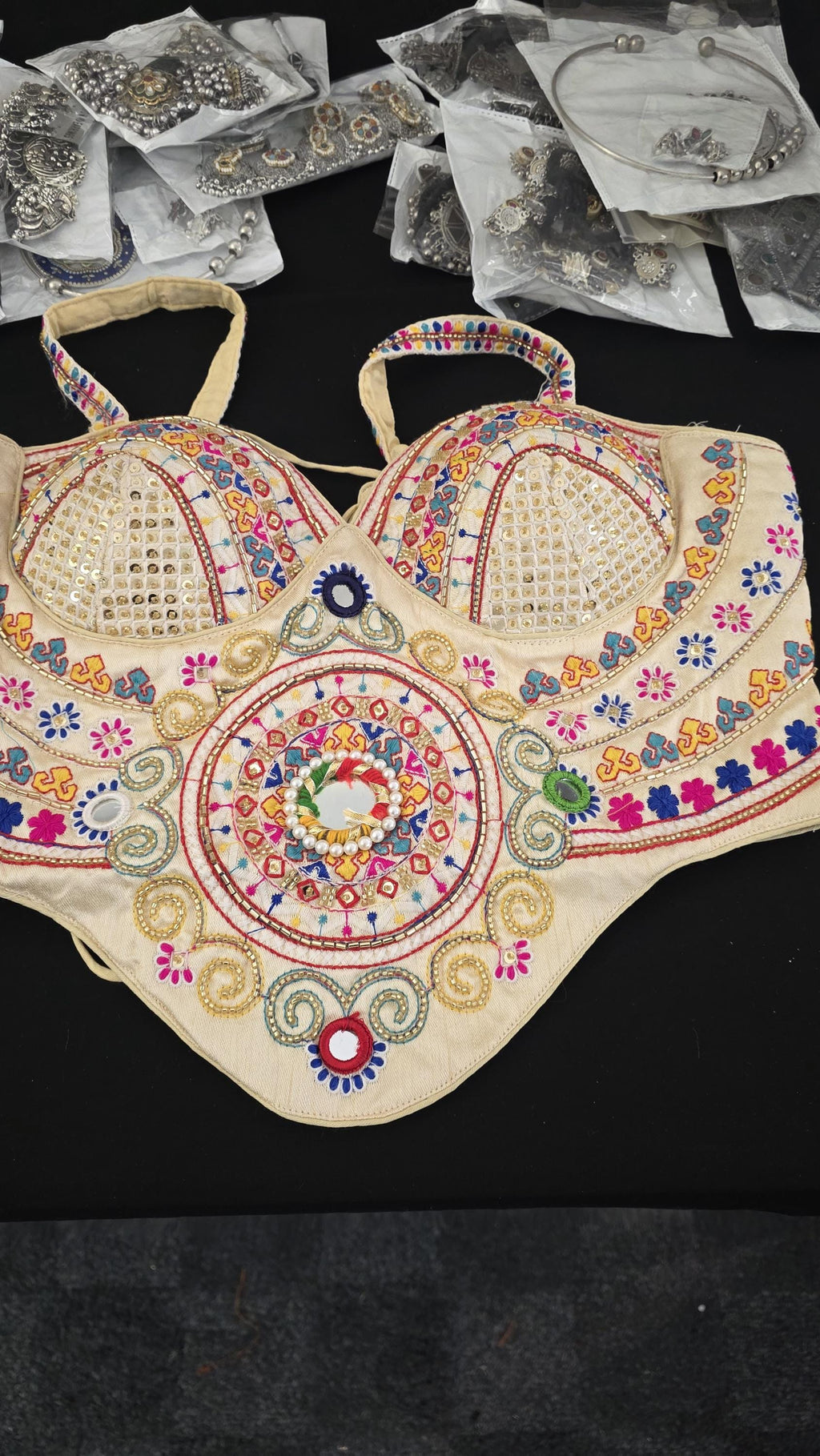Beige Hand Embroidered Garba Blouse | Gujarati Chaniya Choli Blouse | Mirror Work & Cowrie Shell Blouse | Navratri 2026 | Handmade Ethnic