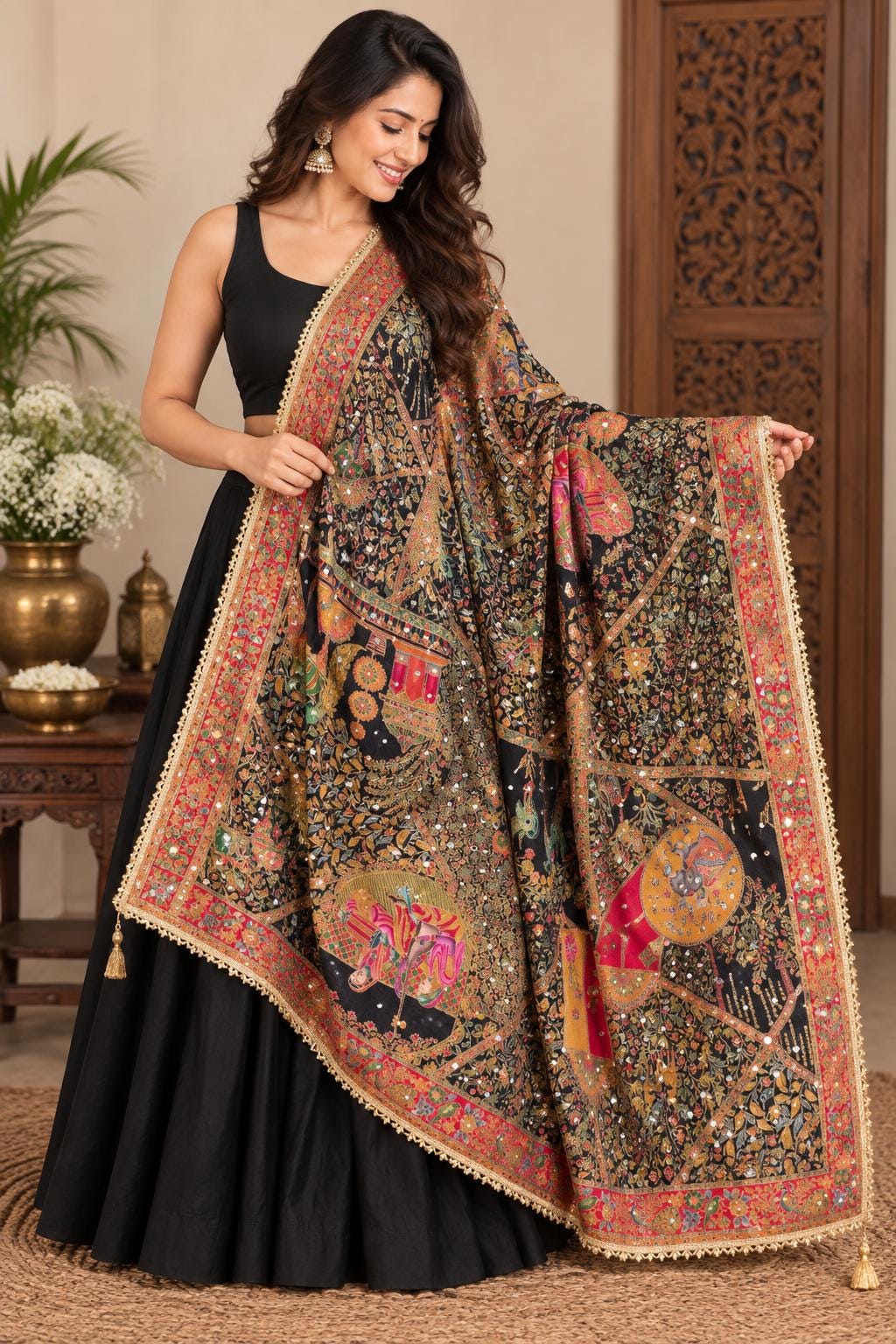 Luxury Mughal Art Dupatta | Black Designer Dupatta | Embellished Indian Dupatta | Statement Dupatta | Festive Wedding Dupatta | Ishq by Isha