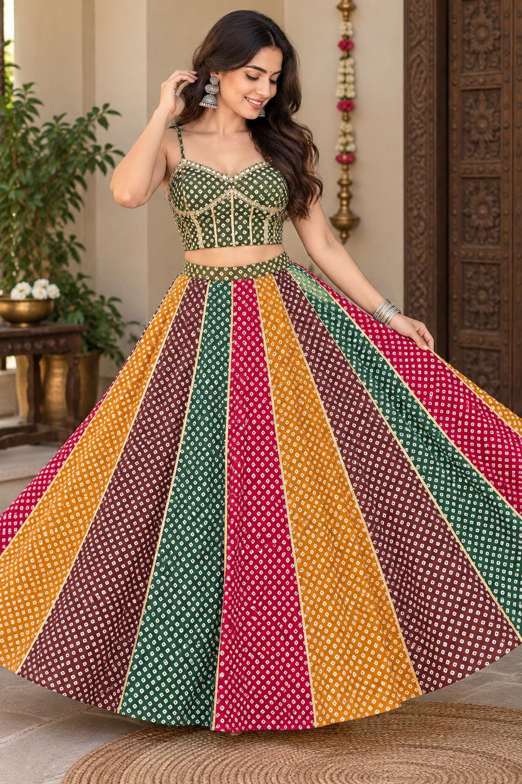 Reversible 2-in-1 Bandhani & Gota Patti Lehenga Skirt with 2 Blouses | Black Red Gota Patti Skirt | Reversible Indian Garba Outfit | Navratr