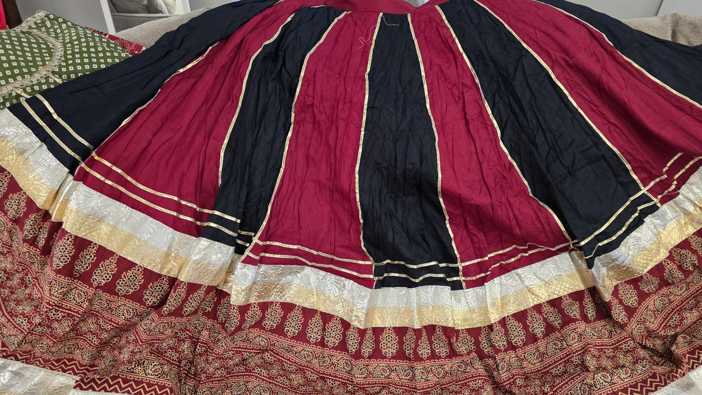 Reversible 2-in-1 Bandhani & Gota Patti Lehenga Skirt with 2 Blouses | Black Red Gota Patti Skirt | Reversible Indian Garba Outfit | Navratr