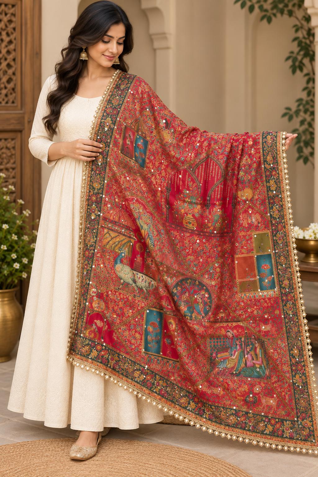 Red Mughal art dupatta