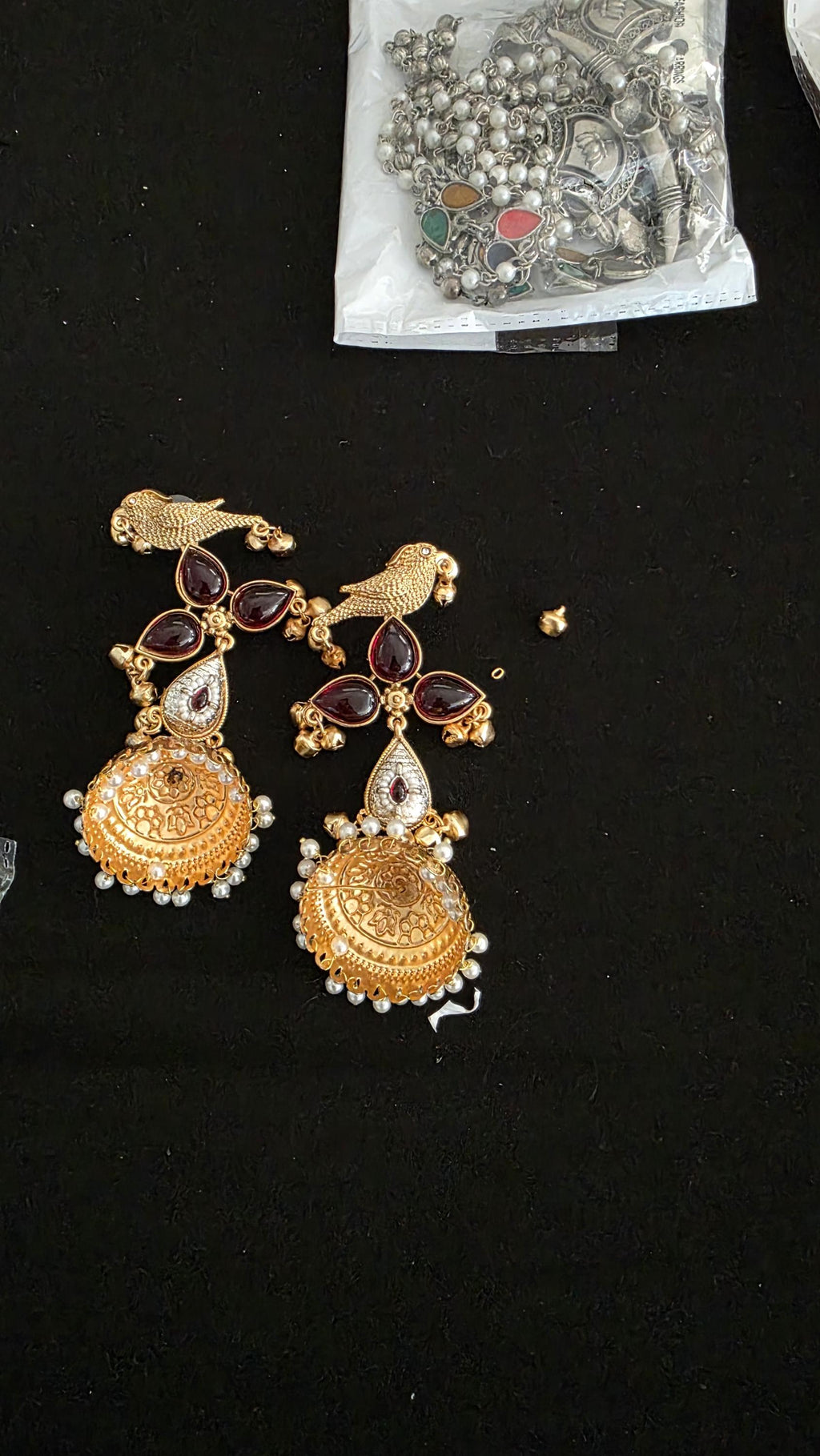 Antique Gold Jhumka Earrings, maroon Stone Indian Earrings, Peacock Jhumka, Pearl Dangle Earrings, Traditional Indian Jewelry