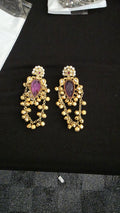 Antique Gold Jhumka Earrings, purple Stone Indian Earrings, Pearl Dangle Earrings, Traditional Indian Jewelry