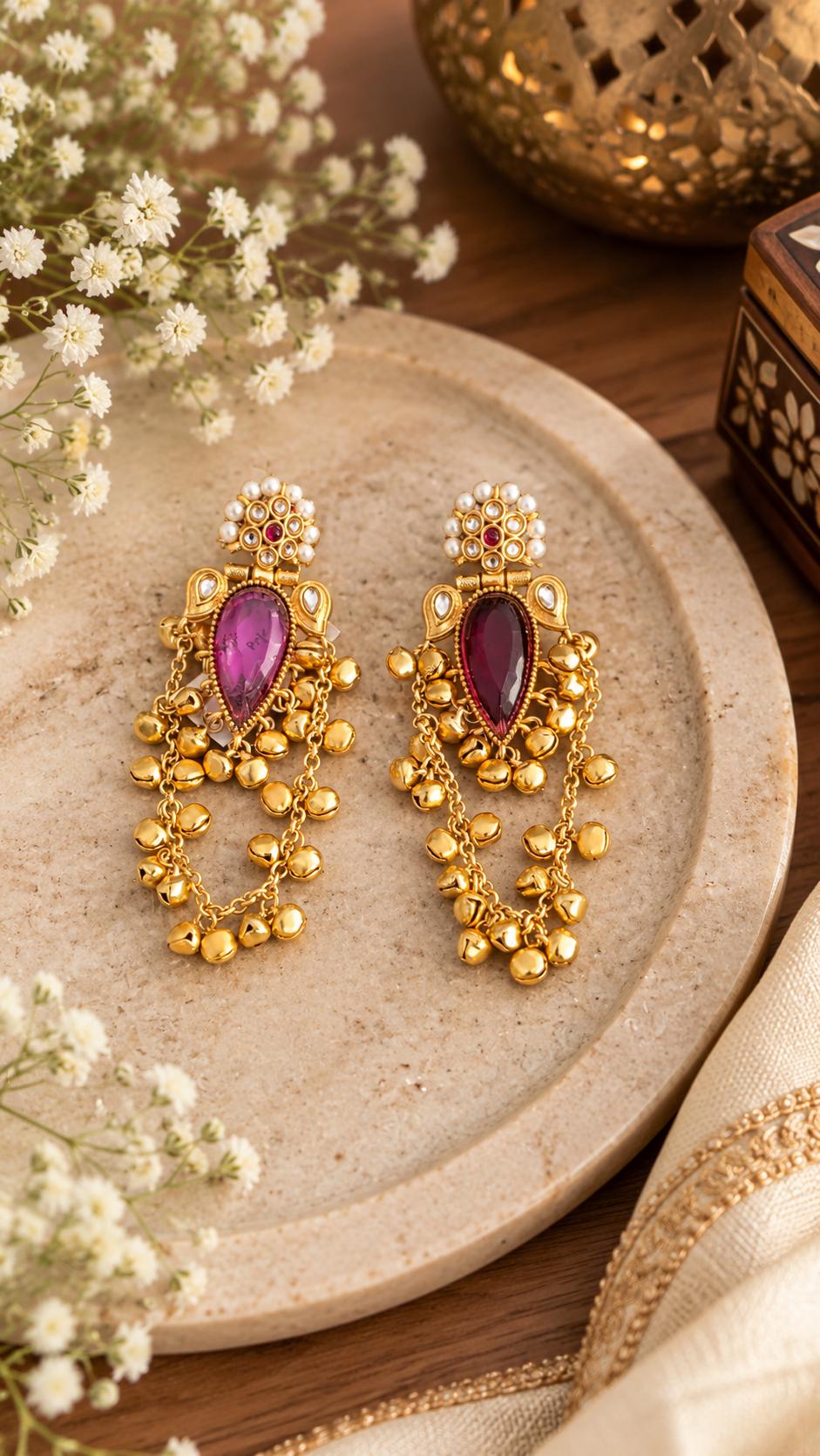 Antique Gold Jhumka Earrings, purple Stone Indian Earrings, Pearl Dangle Earrings, Traditional Indian Jewelry