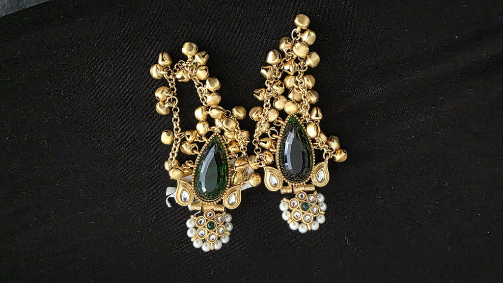 Antique Gold Jhumka Earrings, green Stone Indian Earrings, Pearl Dangle Earrings, Traditional Indian Jewelry