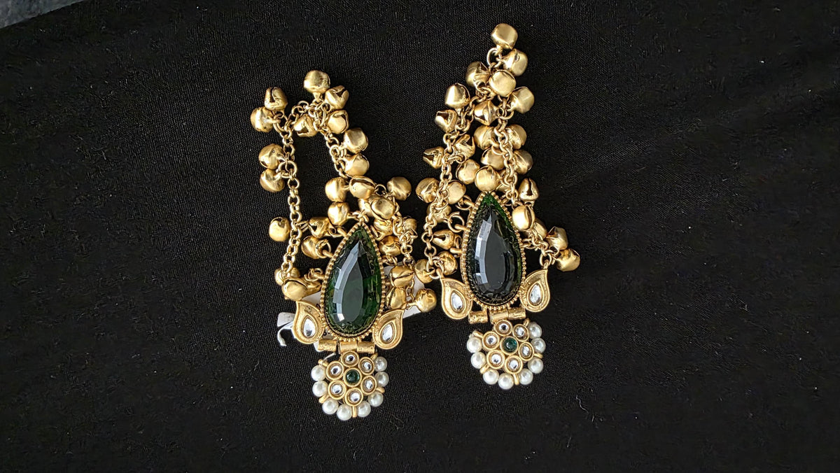 Antique Gold Jhumka Earrings, green Stone Indian Earrings, Pearl Dangle Earrings, Traditional Indian Jewelry