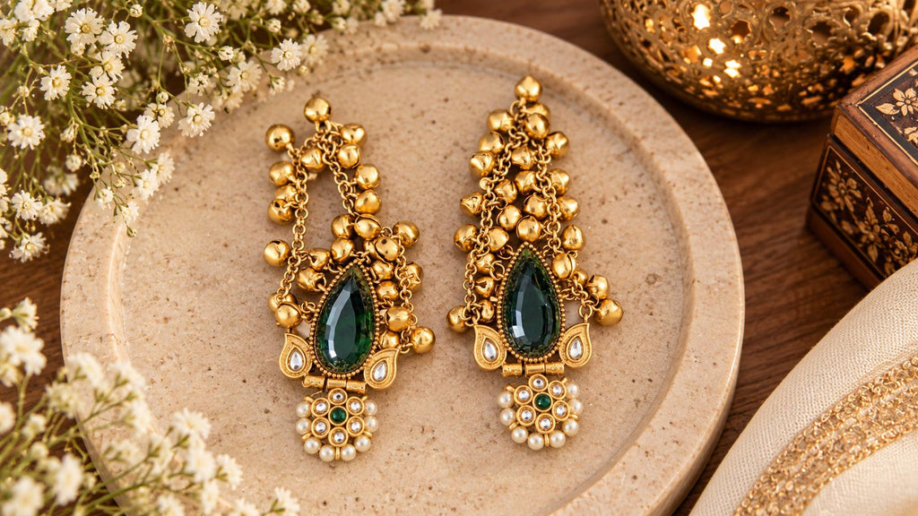Antique Gold Jhumka Earrings, green Stone Indian Earrings, Pearl Dangle Earrings, Traditional Indian Jewelry