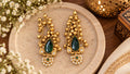 Antique Gold Jhumka Earrings, green Stone Indian Earrings, Pearl Dangle Earrings, Traditional Indian Jewelry
