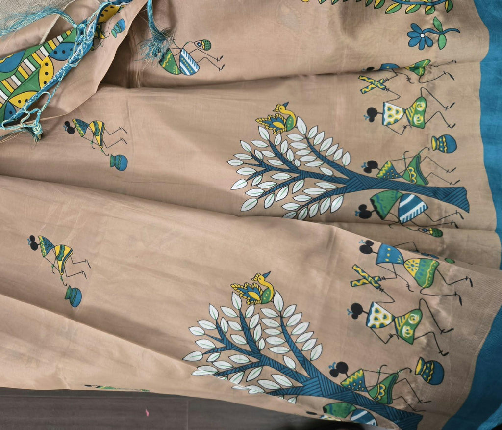 Bhagalpuri Silk Saree | Hand Painted Folk Art Saree | Beige Green & Teal Saree | Indian Traditional Saree | Artisan Saree | Gift for Her
