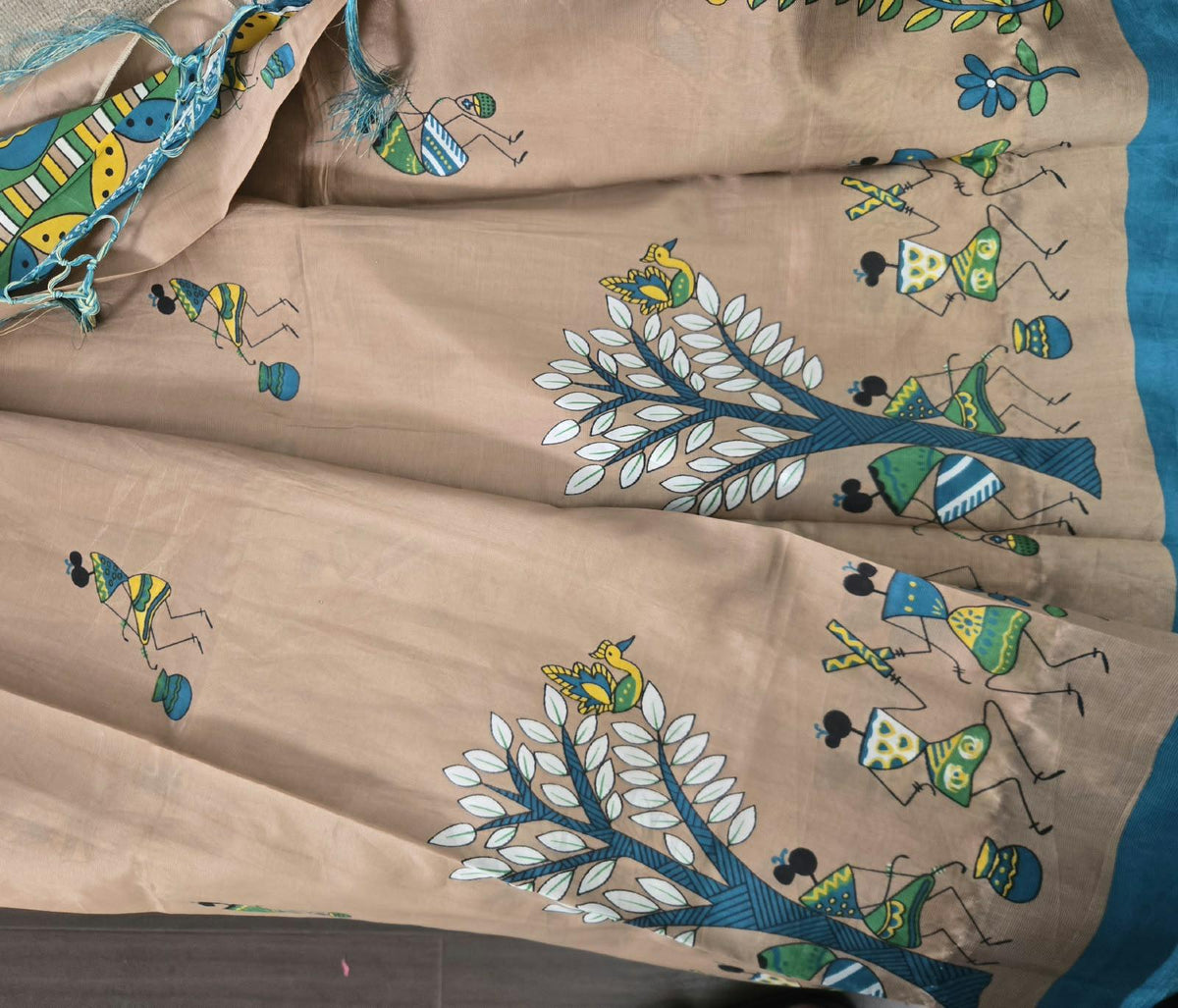 Bhagalpuri Silk Saree | Hand Painted Folk Art Saree | Beige Green & Teal Saree | Indian Traditional Saree | Artisan Saree | Gift for Her