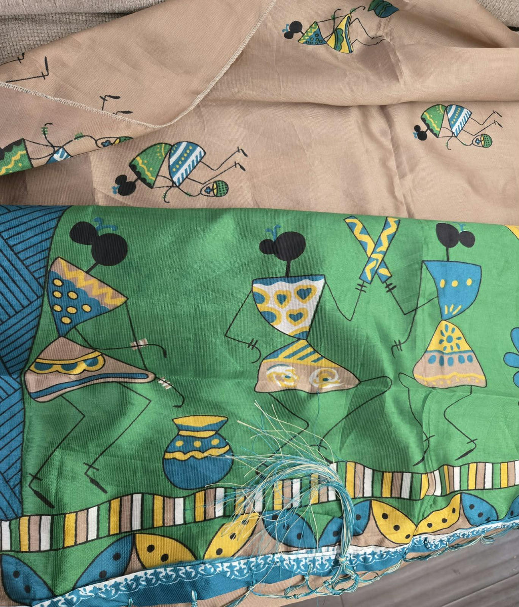 Bhagalpuri Silk Saree | Hand Painted Folk Art Saree | Beige Green & Teal Saree | Indian Traditional Saree | Artisan Saree | Gift for Her