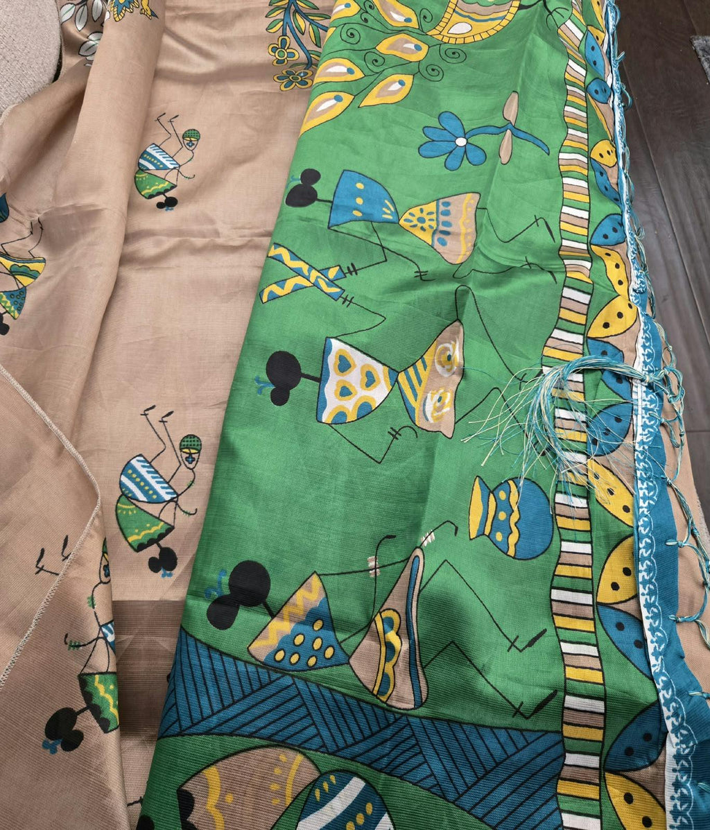 Bhagalpuri Silk Saree | Hand Painted Folk Art Saree | Beige Green & Teal Saree | Indian Traditional Saree | Artisan Saree | Gift for Her