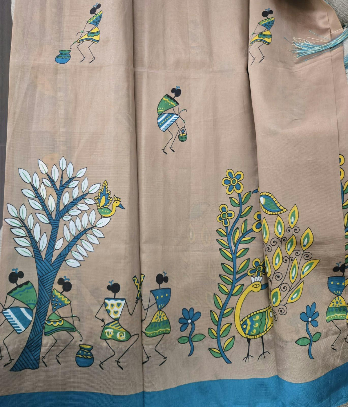 Bhagalpuri Silk Saree | Hand Painted Folk Art Saree | Beige Green & Teal Saree | Indian Traditional Saree | Artisan Saree | Gift for Her