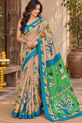 Bhagalpuri Silk Saree | Hand Painted Folk Art Saree | Beige Green & Teal Saree | Indian Traditional Saree | Artisan Saree | Gift for Her