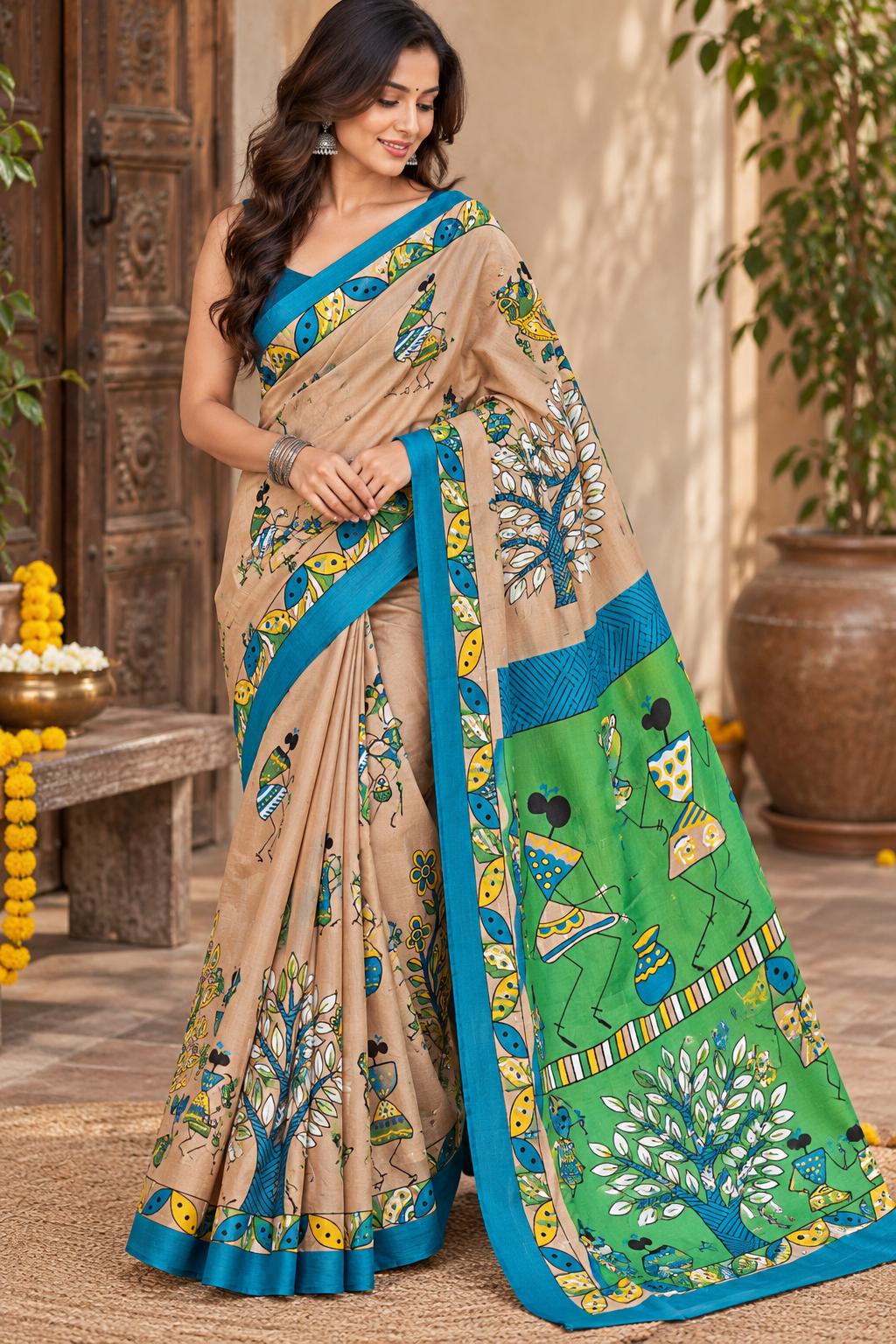 Bhagalpuri Silk Saree | Hand Painted Folk Art Saree | Beige Green & Teal Saree | Indian Traditional Saree | Artisan Saree | Gift for Her