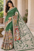 Hand Painted Cotton Saree | Green Kalamkari Style Saree | Indian Art Saree | Traditional Handcrafted Saree | Ethnic Wear |