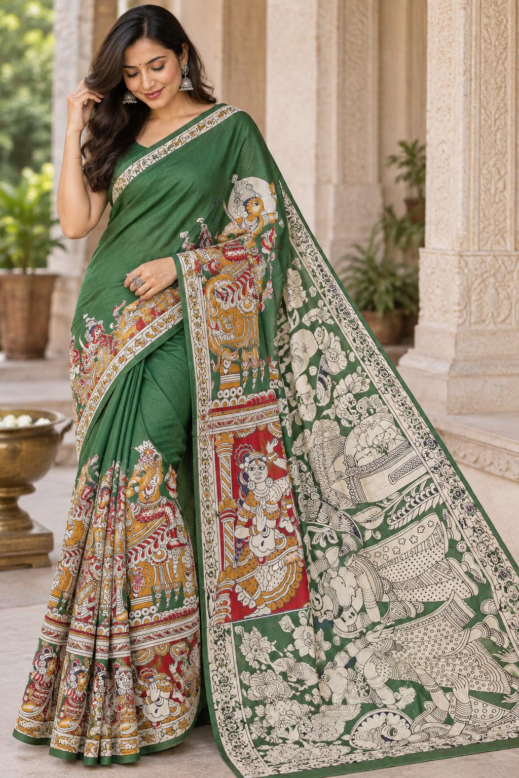 Hand Painted Cotton Saree | Green Kalamkari Style Saree | Indian Art Saree | Traditional Handcrafted Saree | Ethnic Wear |