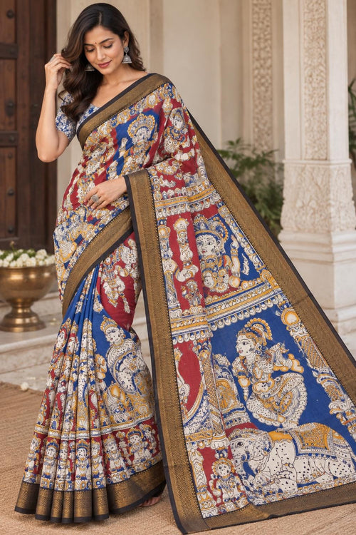 Hand Painted Cotton Saree | blue red Kalamkari Style Saree | Indian Art Saree | Traditional Handcrafted Saree | Ethnic Wear |