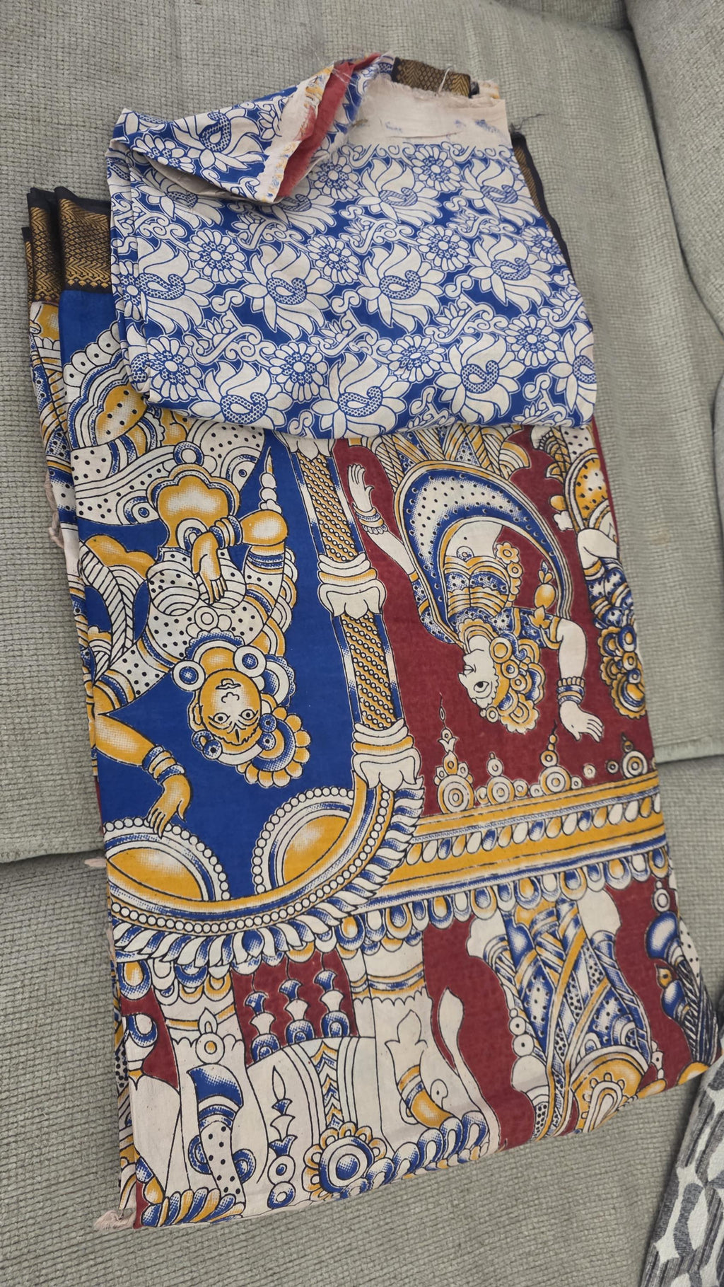 Hand Painted Cotton Saree | blue red Kalamkari Style Saree | Indian Art Saree | Traditional Handcrafted Saree | Ethnic Wear |