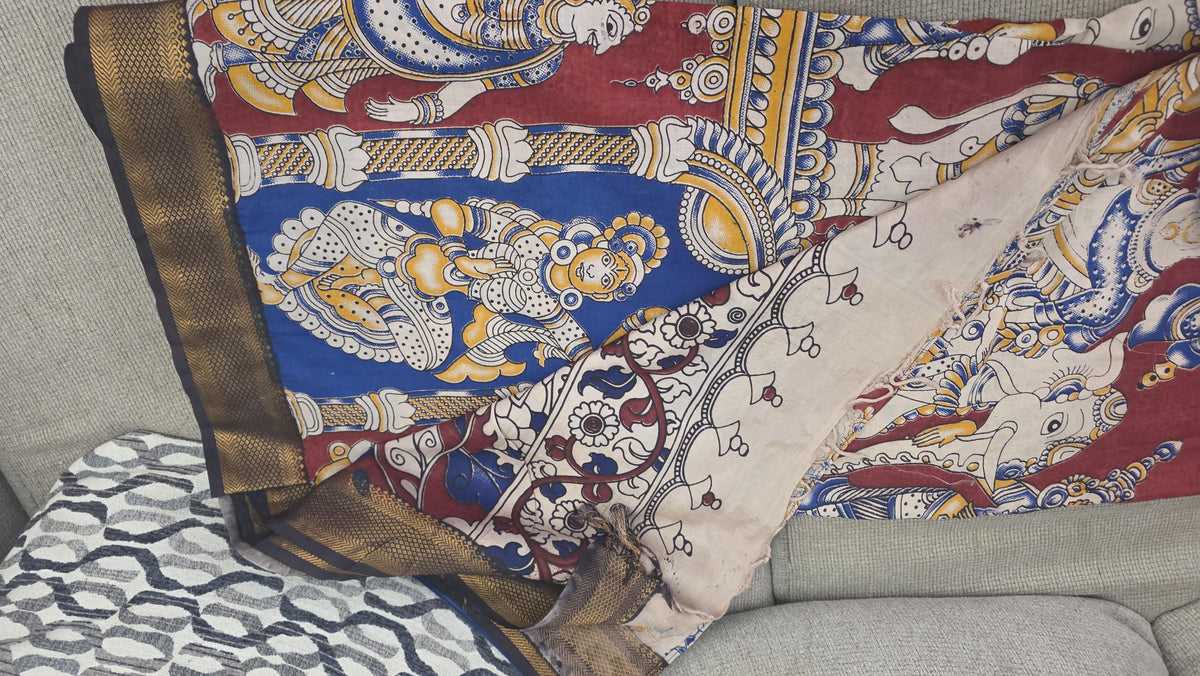 Hand Painted Cotton Saree | blue red Kalamkari Style Saree | Indian Art Saree | Traditional Handcrafted Saree | Ethnic Wear |
