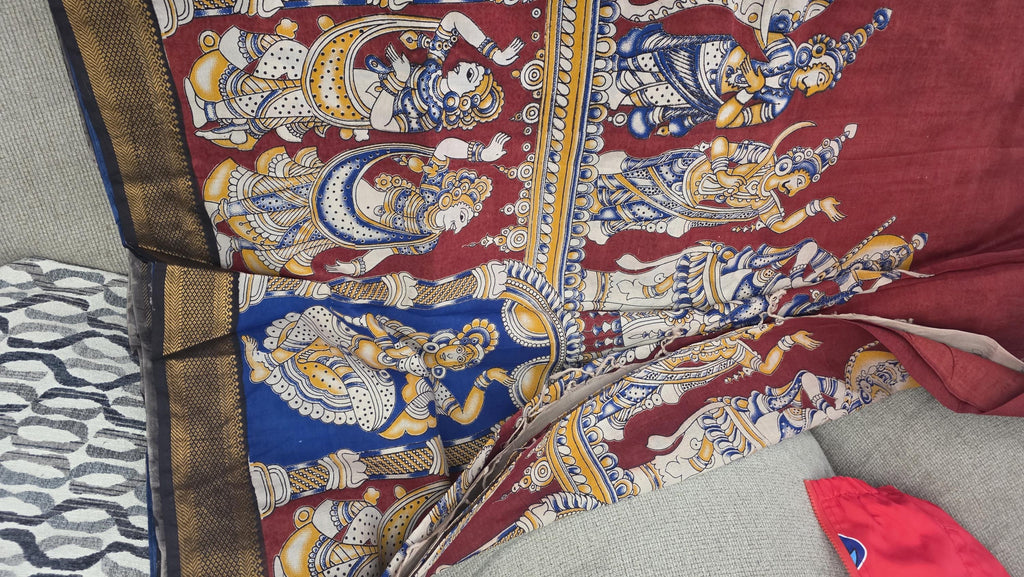 Hand Painted Cotton Saree | blue red Kalamkari Style Saree | Indian Art Saree | Traditional Handcrafted Saree | Ethnic Wear |