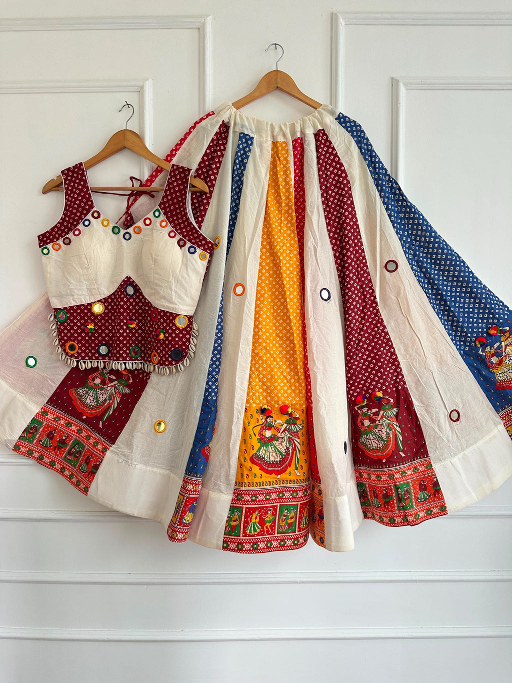 Garba Khadi Ajarak Print Lehenga | white Multicolored Ethnic Skirt | Navratri Ghagra Choli | Handmade Indian Festival Outfit