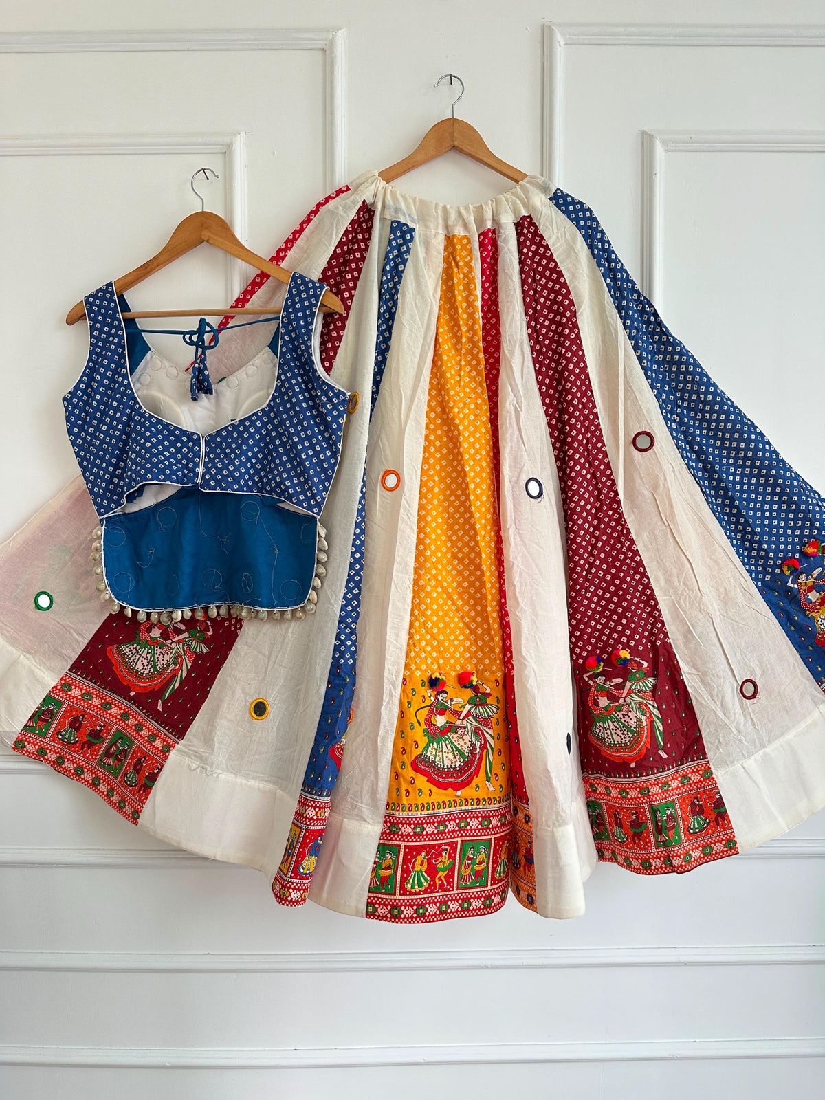 Garba Khadi Ajarak Print Lehenga | white and blue Multicolored Ethnic Skirt | Navratri Ghagra Choli | Handmade Indian Festival Outfit
