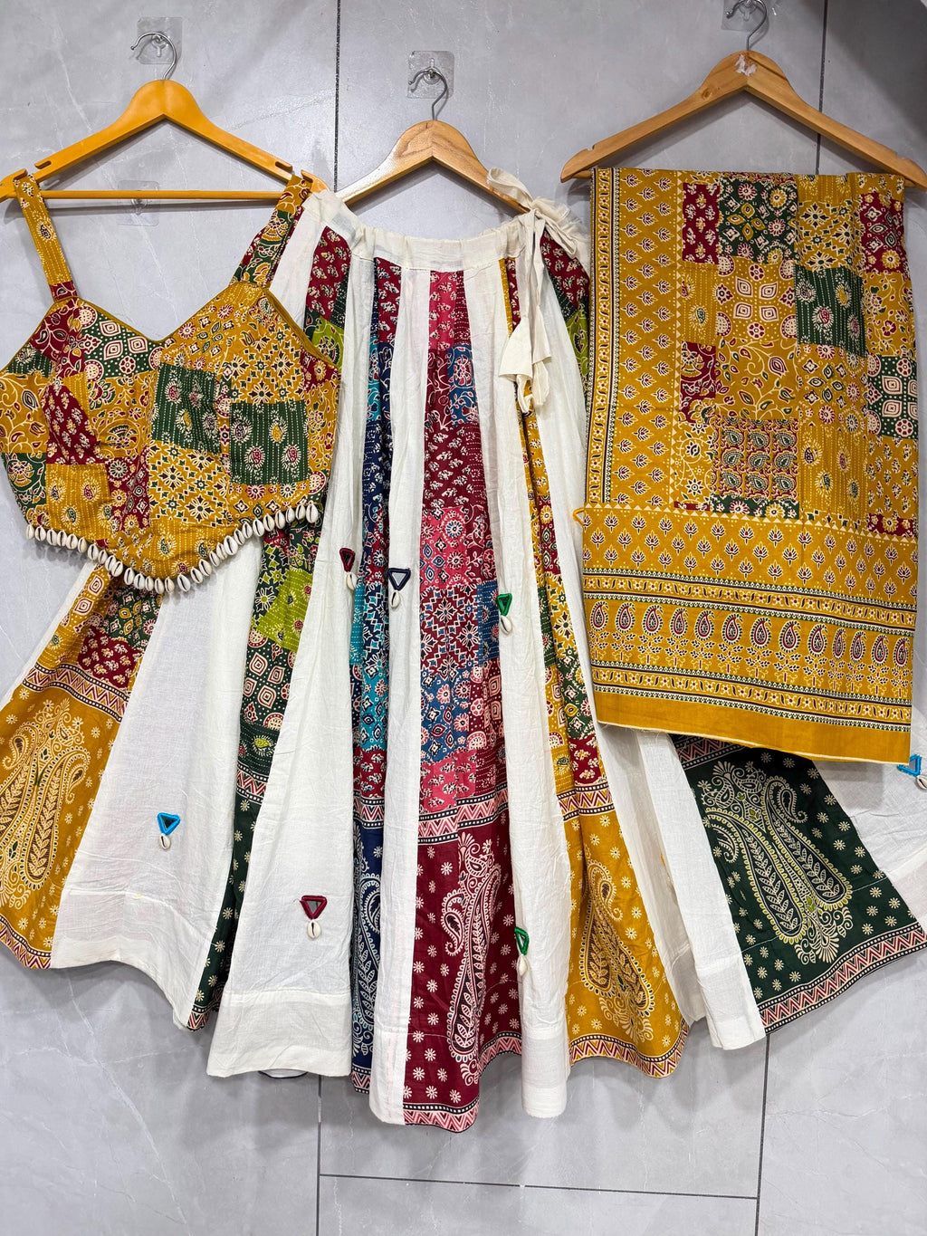 Garba Ajarak Print Lehenga | white and yellow Multicolored Ethnic Skirt | Navratri Ghagra Choli | Handmade Indian Festival Outfit