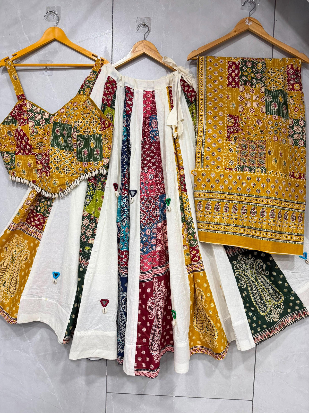 Garba Ajarak Print Lehenga | white and yellow Multicolored Ethnic Skirt | Navratri Ghagra Choli | Handmade Indian Festival Outfit