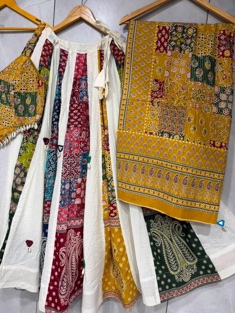Garba Ajarak Print Lehenga | white and yellow Multicolored Ethnic Skirt | Navratri Ghagra Choli | Handmade Indian Festival Outfit