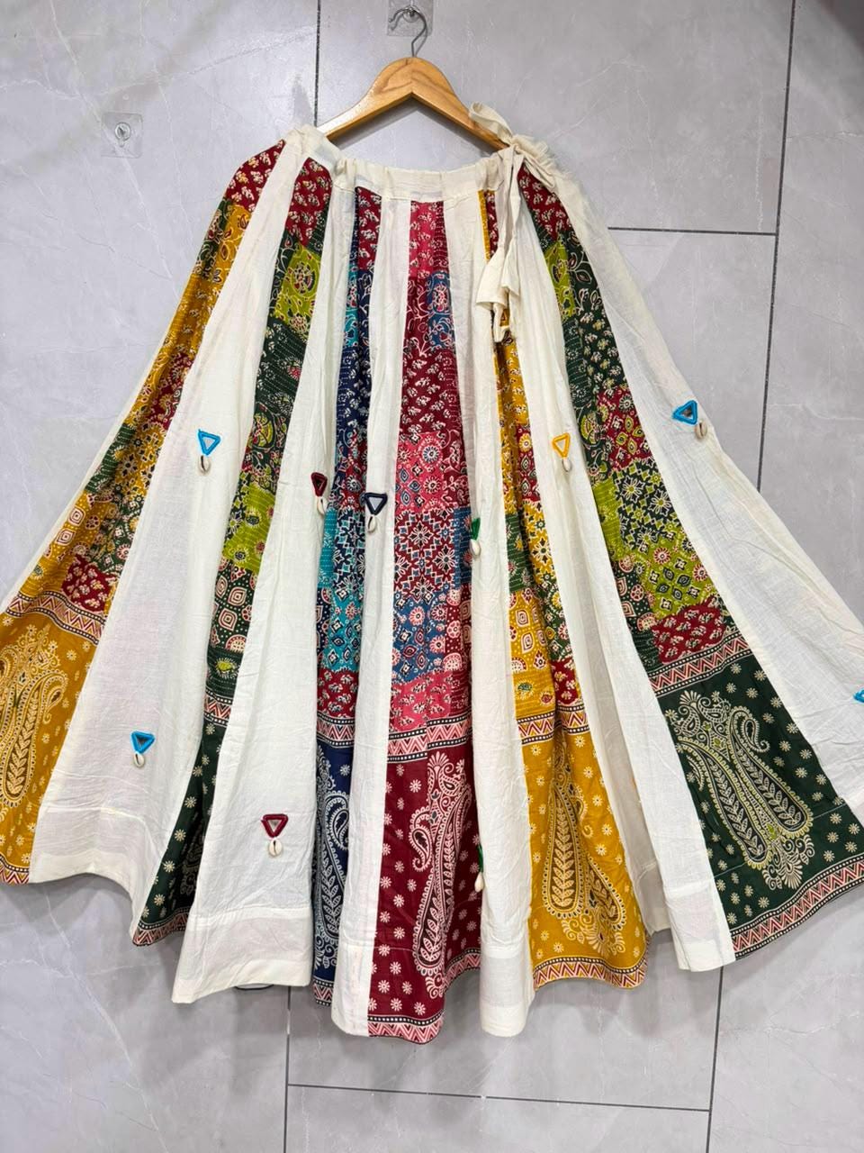 Garba Ajarak Print Lehenga | white and green Multicolored Ethnic Skirt | Navratri Ghagra Choli | Handmade Indian Festival Outfit