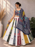 Garba Ajarak Print Lehenga | white and blue Multicolored Ethnic Skirt | Navratri Ghagra Choli | Handmade Indian Festival Outfit