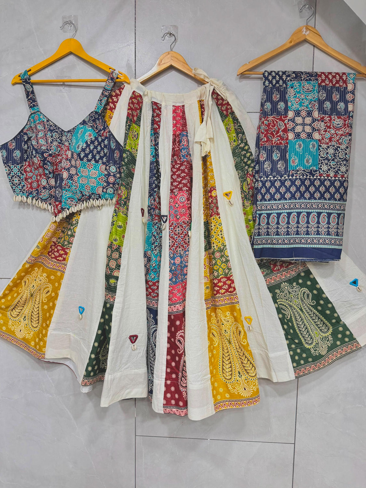 Garba Ajarak Print Lehenga | white and blue Multicolored Ethnic Skirt | Navratri Ghagra Choli | Handmade Indian Festival Outfit