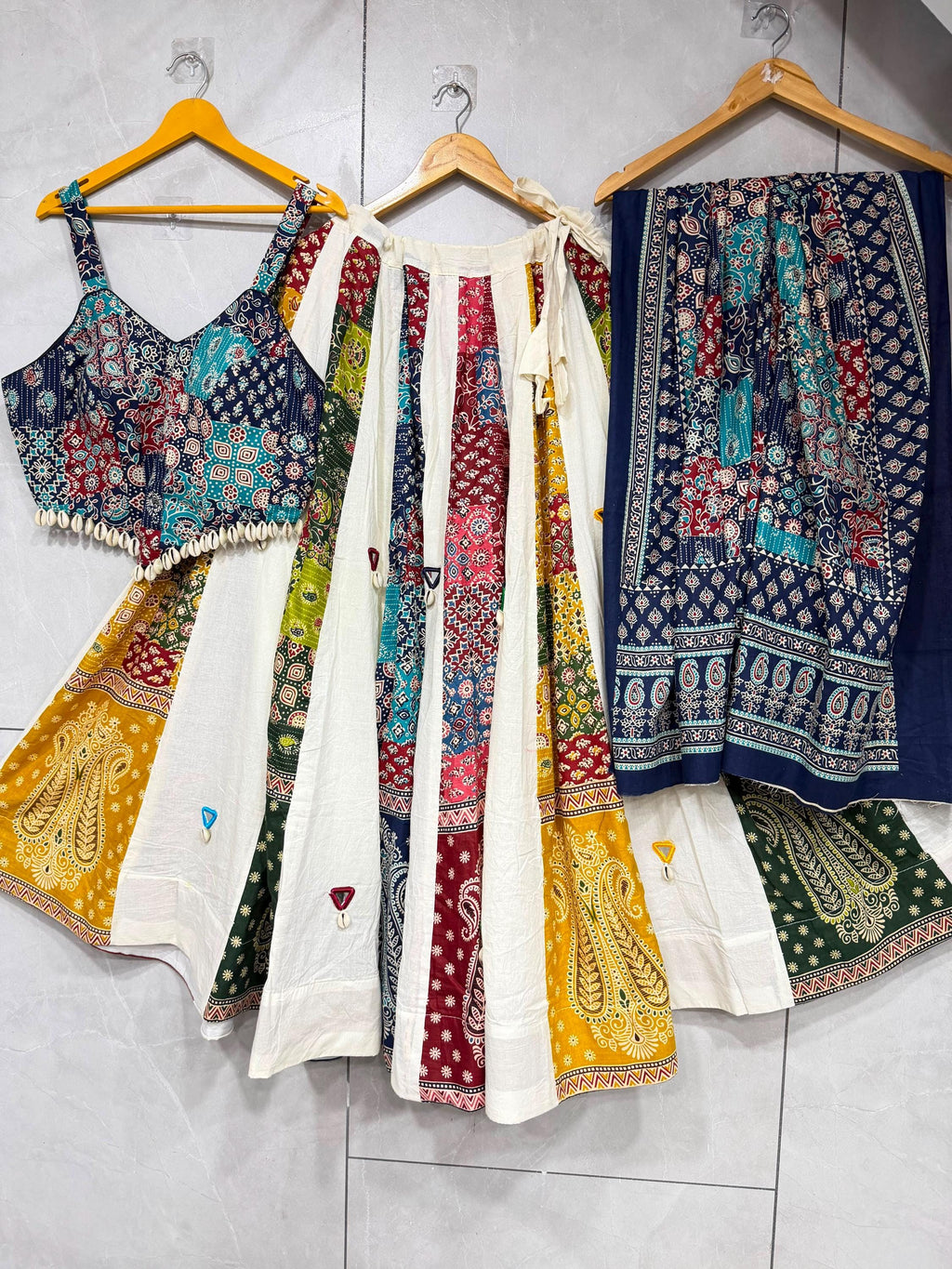 Garba Ajarak Print Lehenga | white and blue Multicolored Ethnic Skirt | Navratri Ghagra Choli | Handmade Indian Festival Outfit