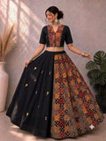 Garba Ajarak Print Lehenga | black Multicolored Ethnic Skirt | Navratri Ghagra Choli with strechable blouse and dupatta