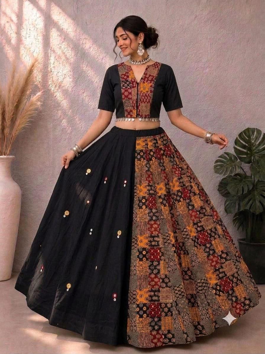 Garba Ajarak Print Lehenga | black Multicolored Ethnic Skirt | Navratri Ghagra Choli with strechable blouse and dupatta