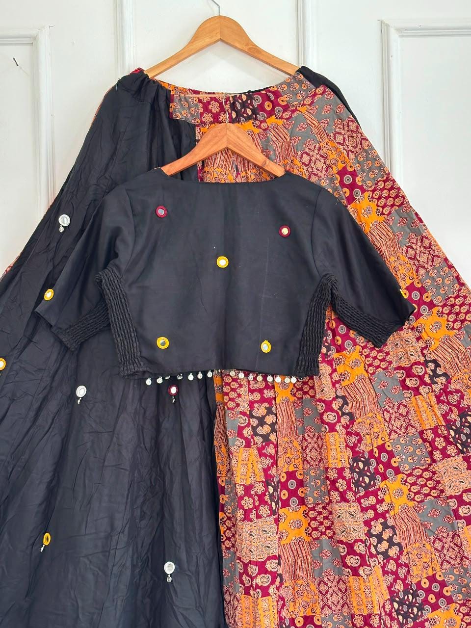 Garba Ajarak Print Lehenga | black Multicolored Ethnic Skirt | Navratri Ghagra Choli with strechable blouse and dupatta