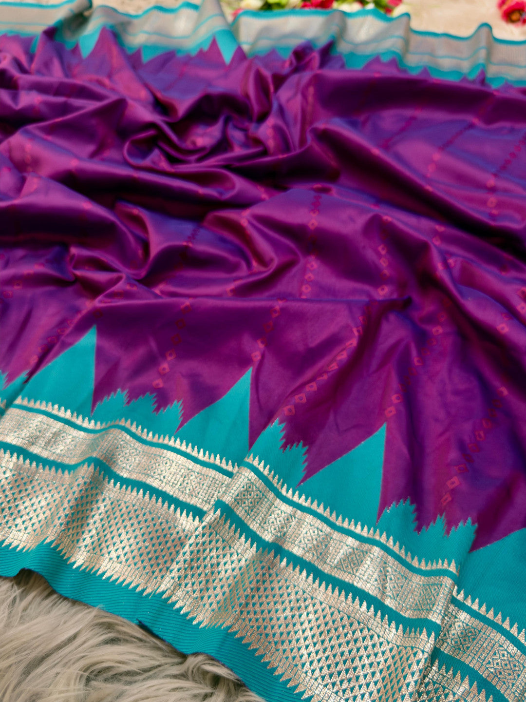 Ikkat temple border banarasi silk saree with zari weaving work