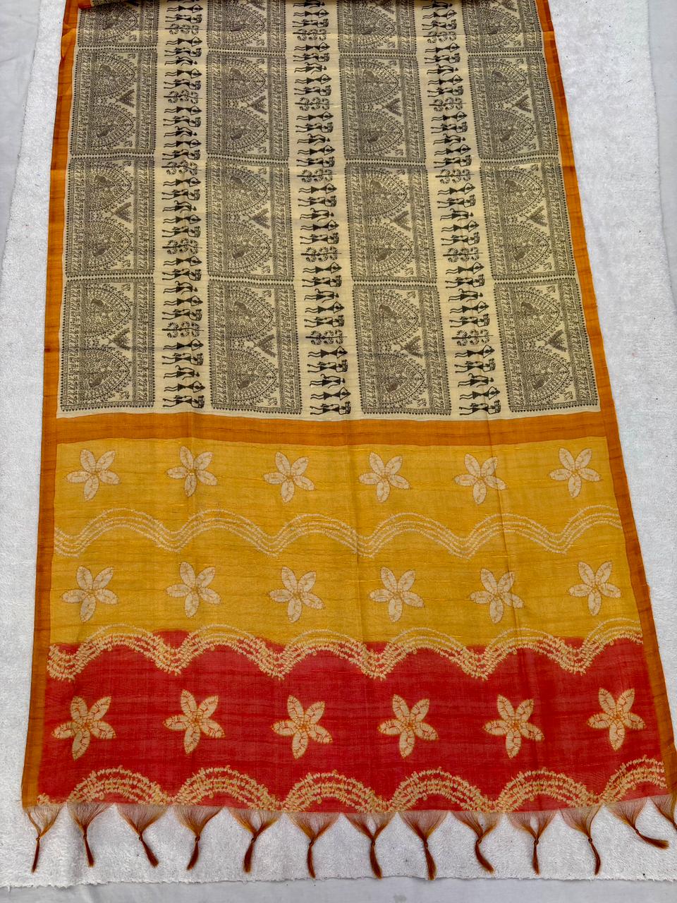 Soft tissue tussar silk saree with warli printed work