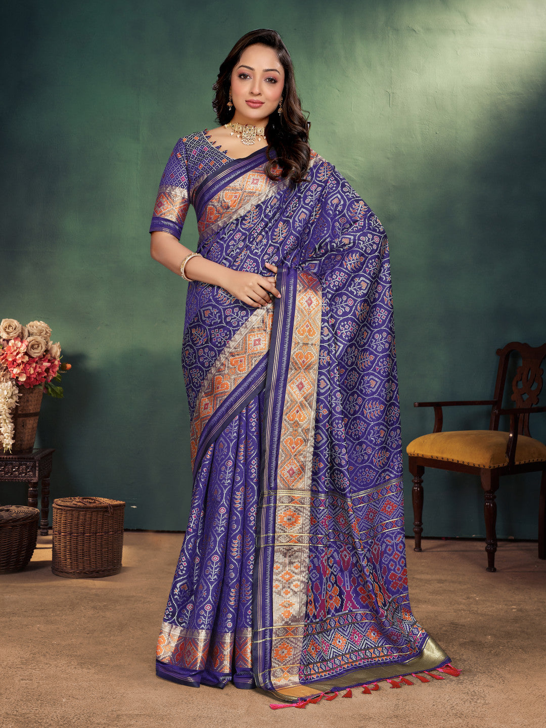 Ikkat patola silk saree with zari weaving work