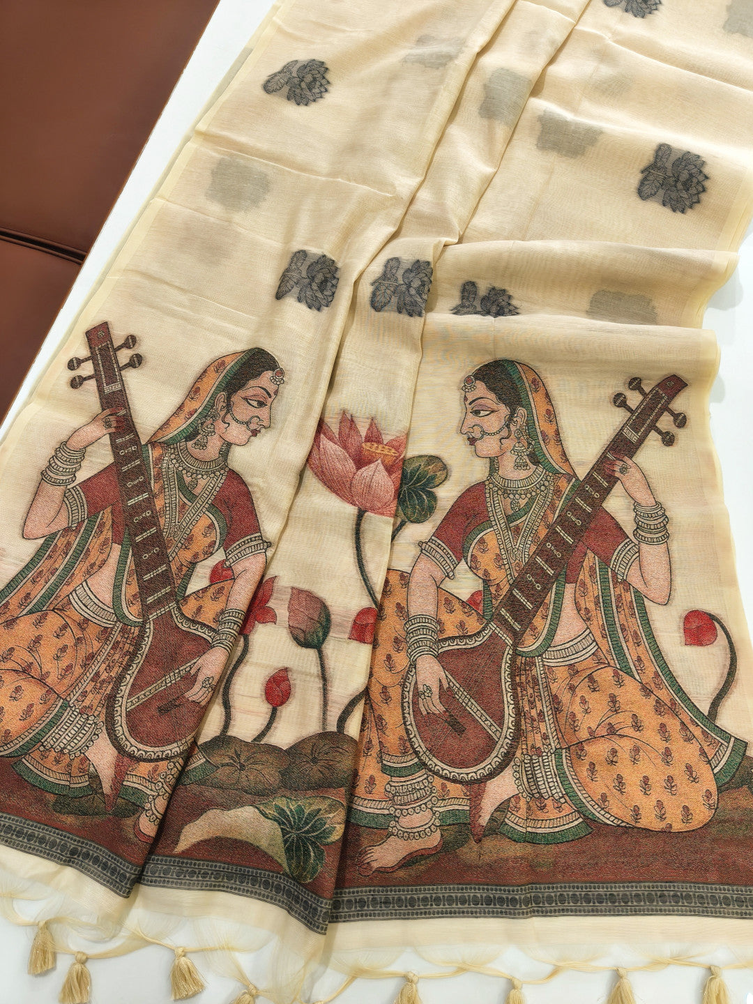 Muga cotton saree with mithila concept weaving pallu