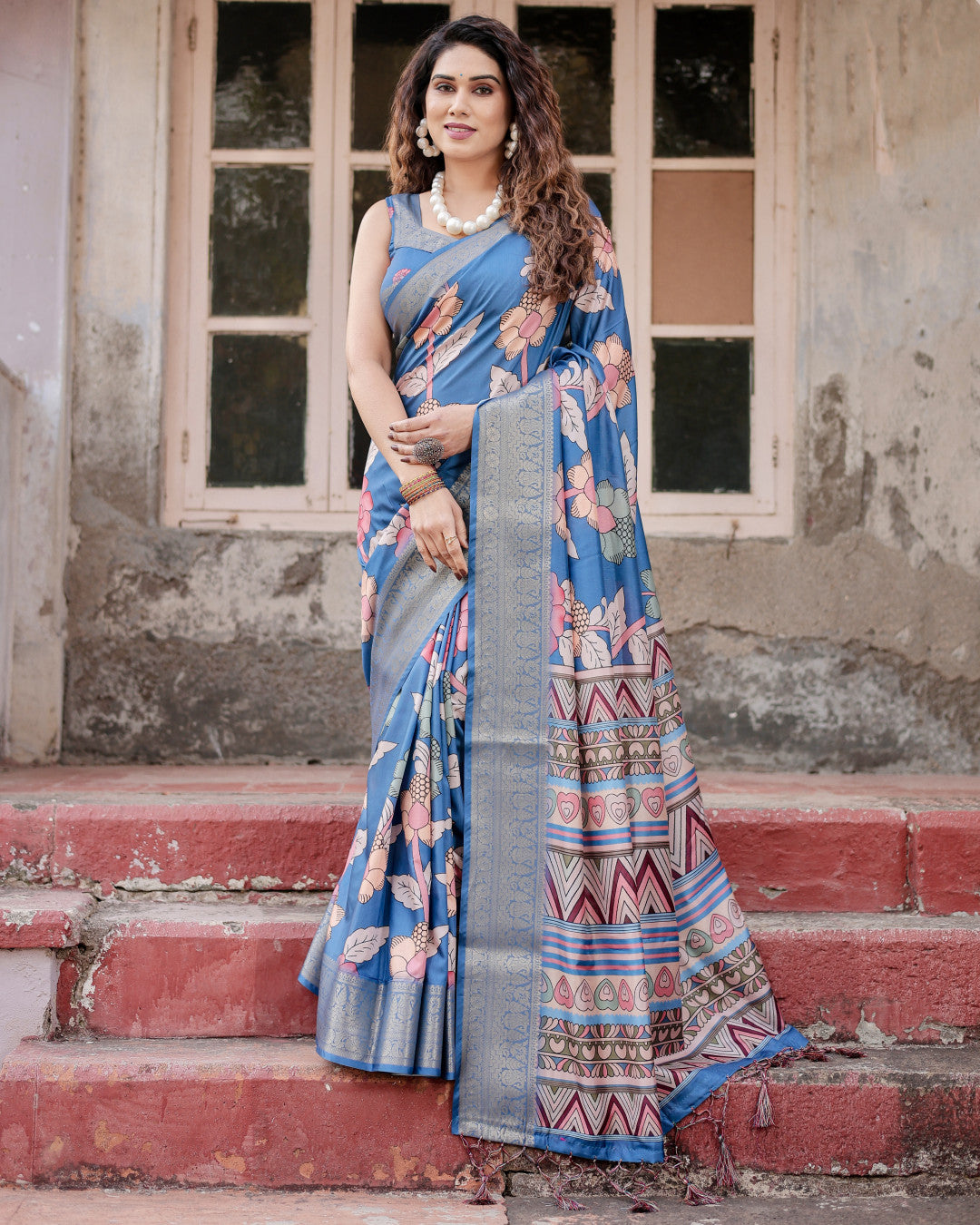 Digital Kalamkari printed tussar silk saree with zari motif border