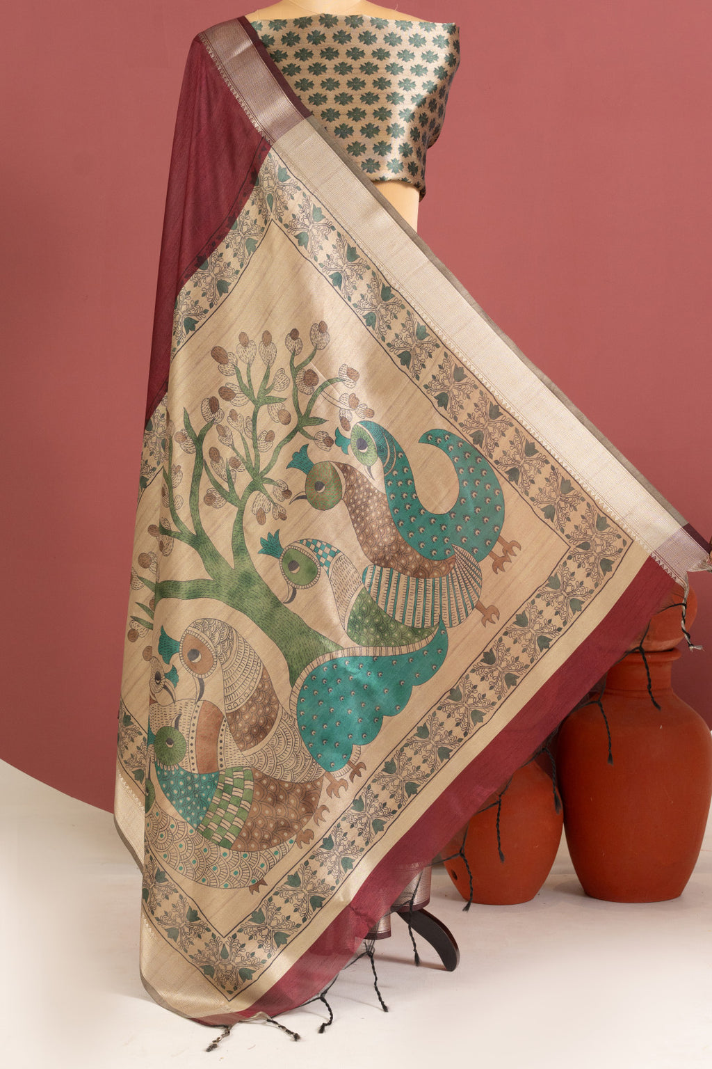 Khadi raw silk saree with kalamkari printed work