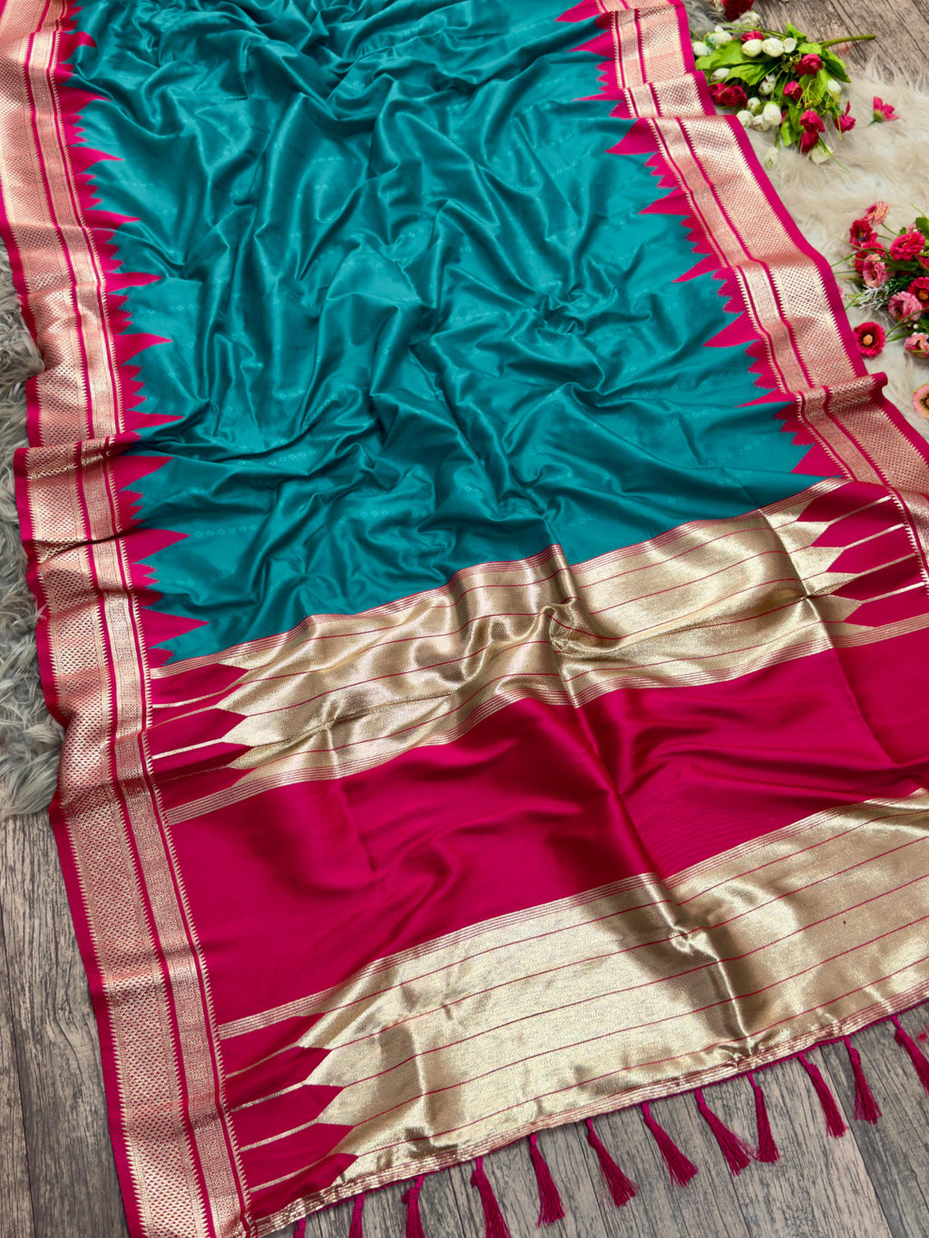 Ikkat temple border banarasi silk saree with zari weaving work