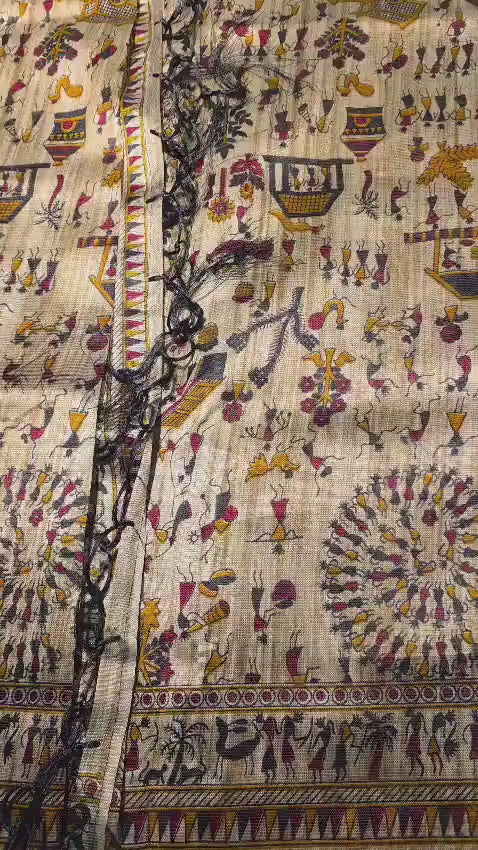 Soft Silk Saree with Madhubani Print | Beige, Blue, Green Ethnic Motifs | Indian Wear Blouse