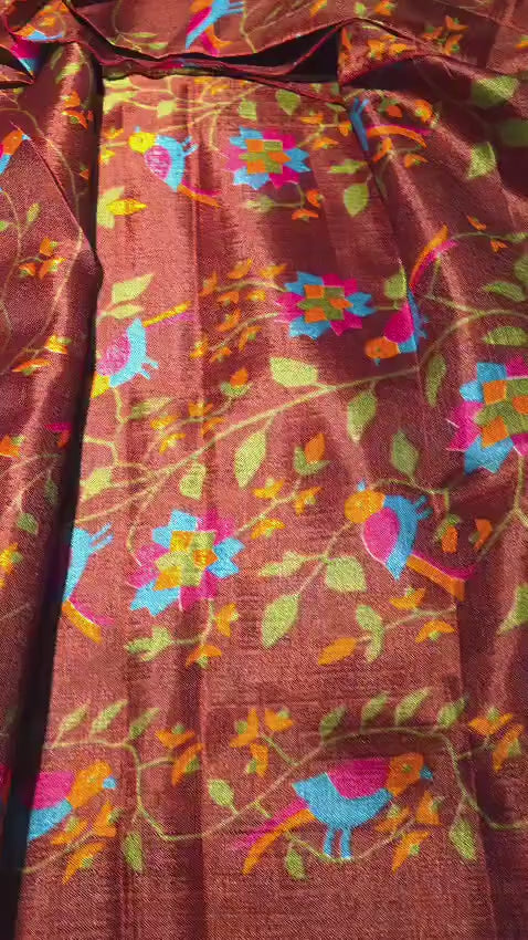 Purple Bird Print Viscose Saree | Colorful Floral Vine Indian Handloom (Includes Blouse Piece)