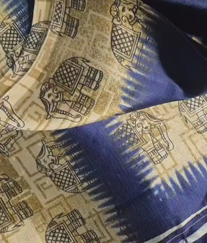 Navy Blue Soft Silk Saree with Golden Elephant Motif | Elegant Temple Border | Festive & Traditional Wear | Includes Blouse Piece