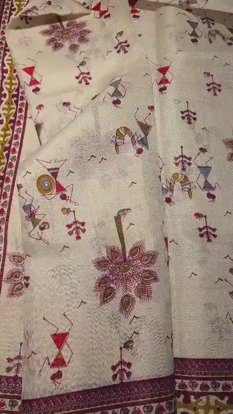Off-White Warli Art Saree | Tribal Folk Indian Festival Wear