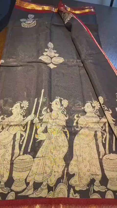 Kalamkari Inspired Cotton Saree with Zari Border, Ethnic Indian Saree, Running Blouse