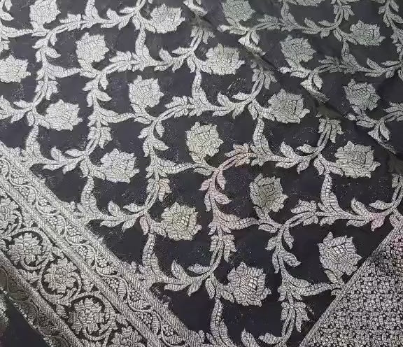 Black Banarasi Silk Dupatta | Silver Zari Floral Weave, Indian Ethnic Wear